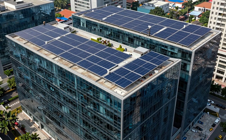 A large commercial office complex in a South Asian / Indian tech hub, featuring a massive solar array integrated into the roof design. Deep blue glass reflections and a professional, forward-thinking urban atmosphere. High-end commercial photography.