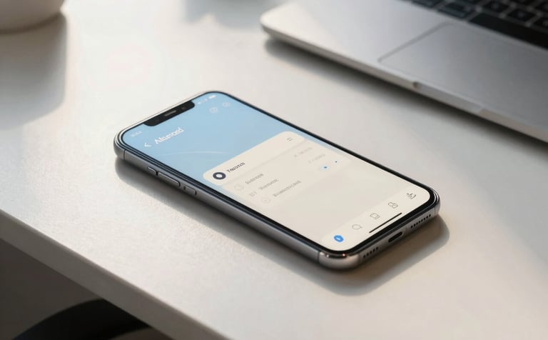 A high-end Android smartphone on a minimalist desk in a North American office. The screen displays a professional user interface with light blue and off-white design elements. Soft natural morning light illuminates the scene, emphasizing a clean and innovative atmosphere.