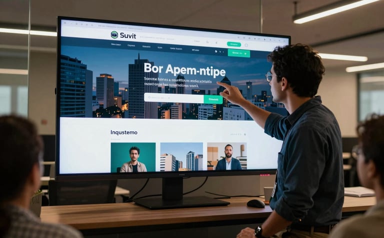 A modern professional environment in a South American / Brazilian city. A digital strategist is presenting a website layout on a large screen to a client. The lighting is professional and warm, with the deep blue and seafoam green palette reflected in the office furniture and branding elements on the screen.