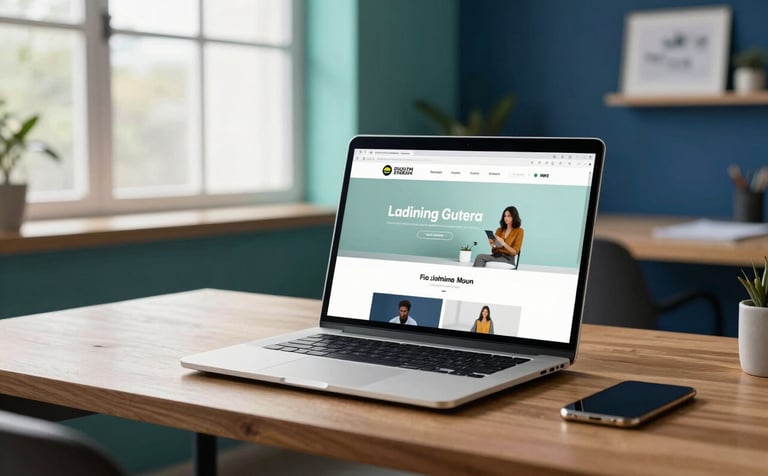 A clean, bright workspace in a South American / Brazilian creative studio. A high-end laptop on a wooden desk displays a minimalist and modern landing page. Soft natural light flows from a window, emphasizing a professional and focused atmosphere with deep blue and seafoam green accents in the decor.