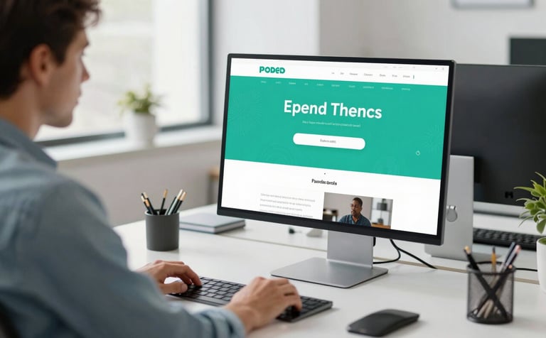 A professional modern workspace in a North American / US office where a designer is reviewing a sleek, innovative website layout on a high-resolution display. The environment is bright with natural lighting. Colors: Soft Cloud White surfaces and Vibrant Teal accents.