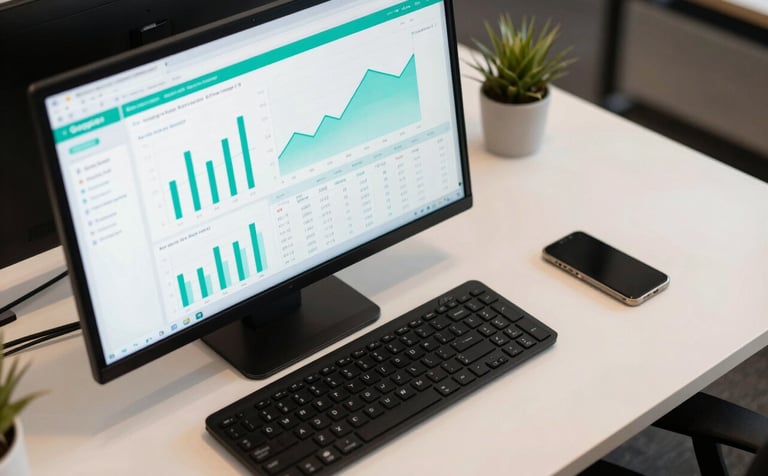 A high-angle shot of a desk in a North American / US business hub, featuring a computer showing data-driven Google Ads analytics and performance charts. Clean and focused. Colors: Vibrant Teal highlights and Soft Cloud White desk.