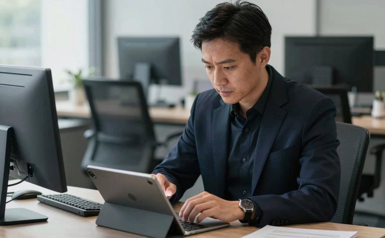 A strategic marketing specialist in a North American / US corporate setting analyzing social media engagement trends on a tablet. Sophisticated atmosphere focusing on results. Colors: Dark Navy attire and Cool Grey office furniture.