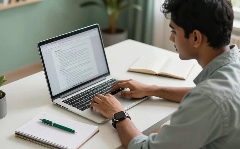 A clean, high-angle shot of a South Asian student's organized desk in a modern Indian home office. A laptop shows a document on screen next to a notebook and a green pen. The lighting is bright and professional, creating an academic atmosphere with soft green accents.