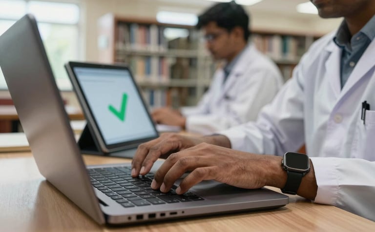 A close-up photograph of a South Asian researcher's hands typing on a laptop in a bright university library in India. A digital tablet nearby shows a green checkmark symbol. The scene is clean, scholarly, and professional with natural daylight.
