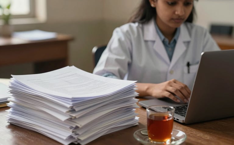 A high-quality photo of a South Asian PhD student's workstation in India, featuring a stack of bound research papers and a sleek modern laptop. A small cup of traditional tea sits to the side. The atmosphere is quiet, focused, and scholarly with warm, academic lighting.