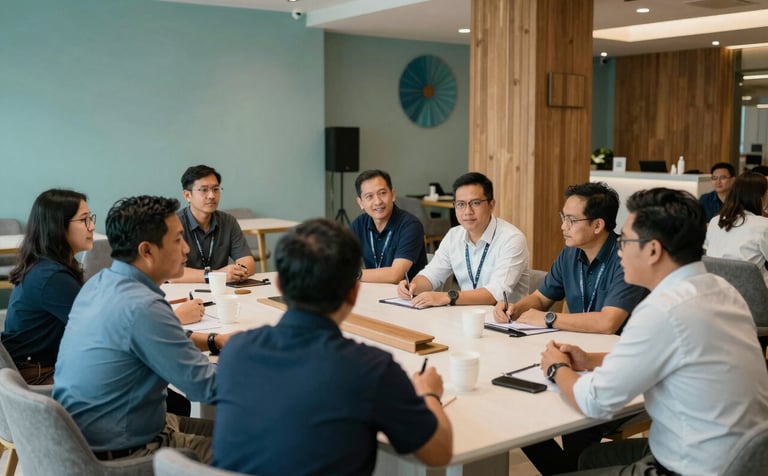 A group of Southeast Asian / Indonesian entrepreneurs collaborating around a large table in a modern community hub. Clean lines, elegant wooden interior, soft light aqua and muted blue decorative elements. Professional and impactful atmosphere.