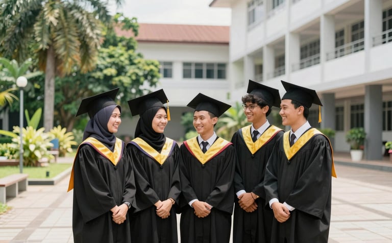 A group of Southeast Asian / Indonesian university students in graduation gowns smiling together in a sunlit university courtyard with tropical greenery and modern architecture. High-quality photography, bright natural lighting, conveying a sense of achievement and hope.