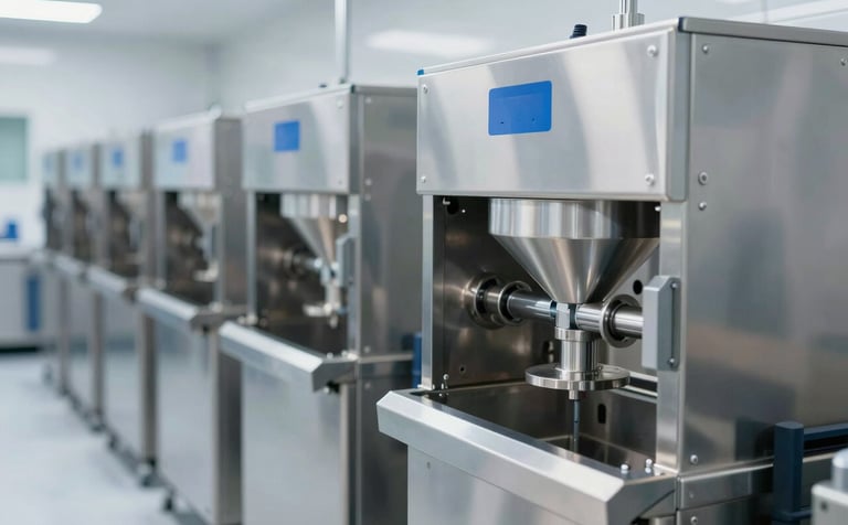 A row of high-tech stainless steel industrial washer-extractors in a modern laundry facility. Bright, clean lighting reflecting off polished surfaces. The scene conveys efficiency and high-grade technology. Palette includes #F1F4F8 and accents of #3B607D.