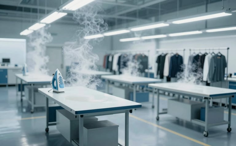 Wide-angle view of a professionally organized industrial finishing area featuring steam iron tables and garment racks. Sophisticated, clean industrial aesthetic using #F1F4F8 and #3B607D tones.