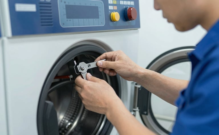 Close-up of a skilled technician in professional attire performing maintenance on a complex laundry machine control system. Precise tools, focused lighting, highlighting reliability. Palette focuses on #0B1A2B and #8AA4BC.