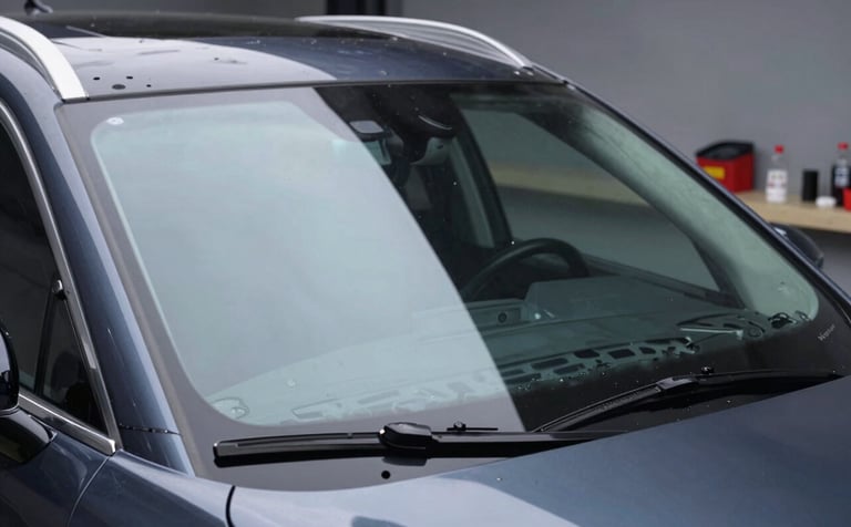 A close-up photograph of a brand new, crystal-clear windshield being expertly lowered into place on a luxury SUV. The setting is a professional service bay in the US. The lighting is soft and professional, highlighting the dark blue and light blue reflections on the glass surface.
