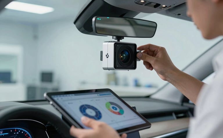 A technician using a digital tablet and high-tech calibration targets to align a car's forward-facing camera system through the windshield. Modern, high-tech workshop environment in the US, with soft blue and white lighting reflecting a premium, professional atmosphere.