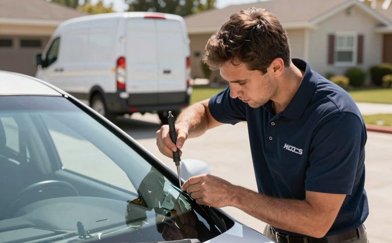 A professional auto glass technician in a branded polo shirt repairing a small chip on a car windshield using specialized tools. The scene is set in a sunny North American suburban driveway with a clean, modern white van in the background. High-quality photography, bright natural lighting, emphasizing precision and reliability.