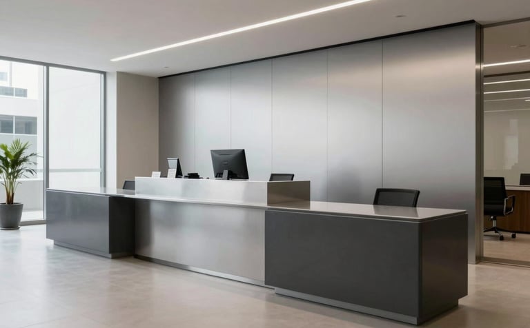 A wide shot of a minimalist South American / Brazilian law office lobby in São Bernardo do Campo. Modern silver and dark grey furniture, professional atmosphere, and clean lines.