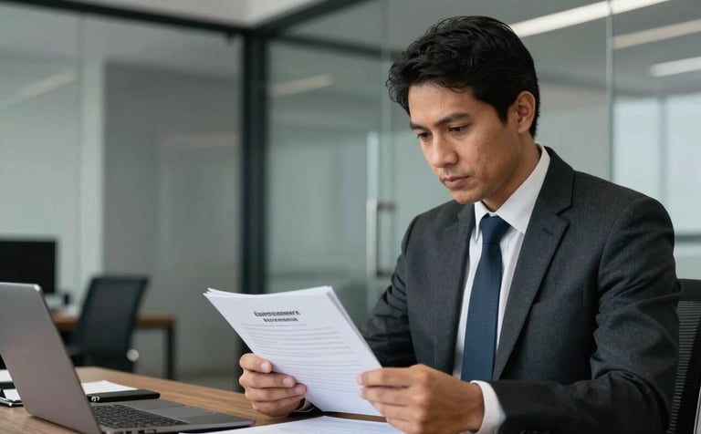 A focused professional in a formal South American / Brazilian office setting reviewing a stack of employment contracts. The background is a clean modern office with glass walls, reflecting dark charcoal and light grey colors.