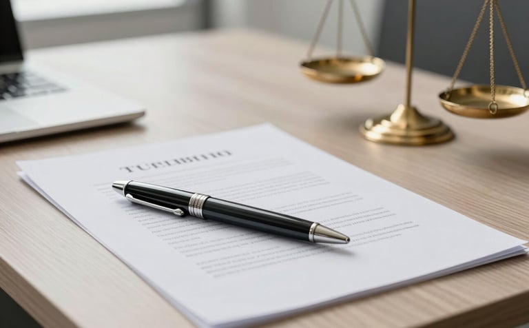 A close-up of a modern wooden desk in a professional South American / Brazilian law office, featuring a luxury pen resting on a legal document and a small decorative scale of justice. The atmosphere is formal and bright with soft white and light grey tones.