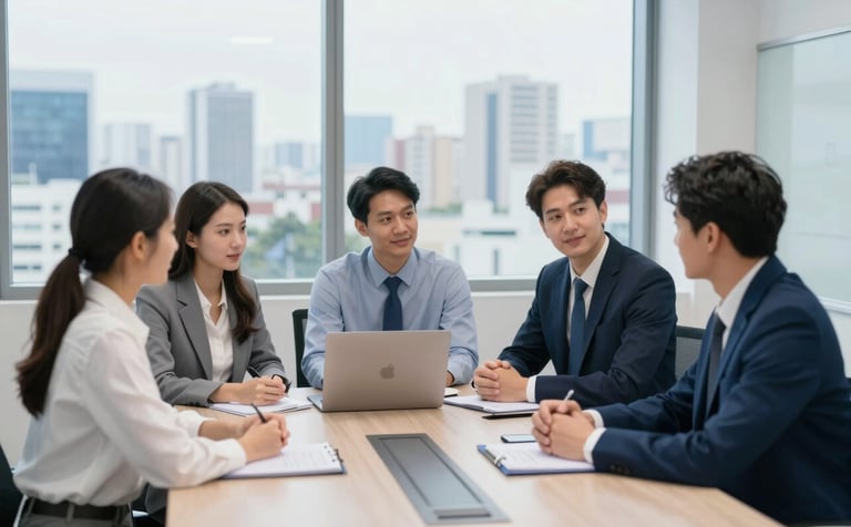 A professional team of accountants in a collaborative discussion in a modern boardroom. The image should feature a clean, minimal aesthetic with office windows reflecting the city of Apucarana in a soft blur. Use brand colors #2C528B and #F0F4F8 in the environment.