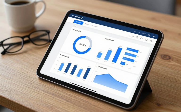 A close-up image of a digital tablet showing professional accounting software with clean charts and graphs. Beside it, a pair of glasses and a coffee cup on a wooden table. The lighting should be soft and professional, emphasizing brand colors #0A192F and #89B3D7.