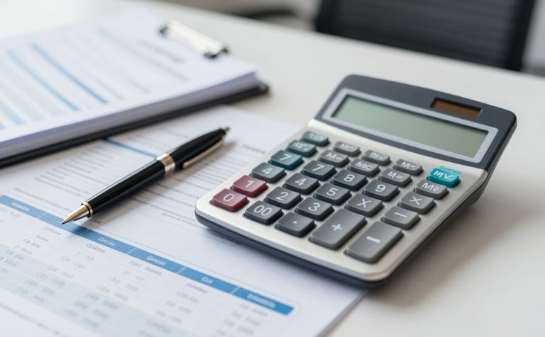 A high-quality, professional photograph of a modern office desk with a calculator, a fountain pen, and neatly organized financial ledgers. The lighting is bright and clean, incorporating tones of #89B3D7 and #F0F4F8. The atmosphere projects reliability and precision in accounting.