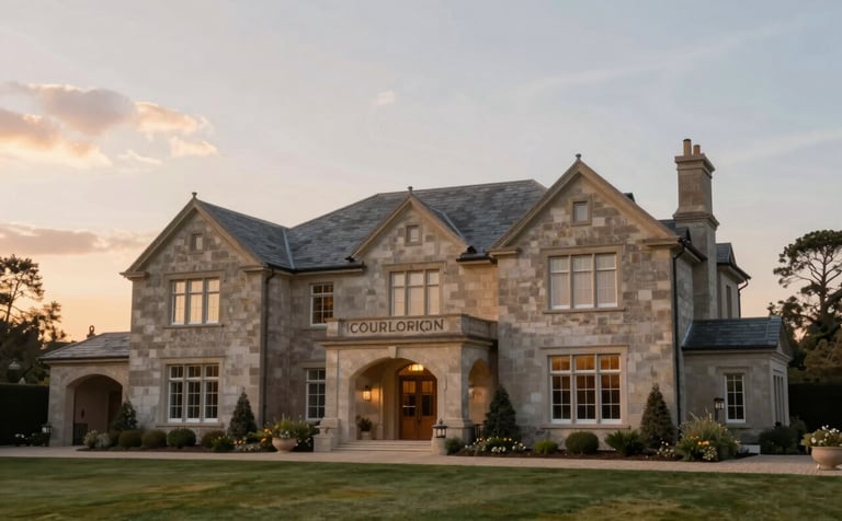 A high-end, professional photograph of a beautiful family estate house during a calm sunset. The lighting is warm and empathetic. The composition is clean, showcasing the architecture. Muted colors of #6D8B9B and #C0C5C1 are present in the sky and stone textures to match the brand palette.