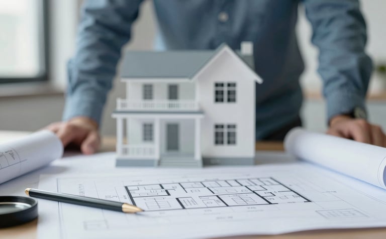 A split composition showing a property before and after subtle professional renovations. Tools and architectural blueprints are visible on a desk in the foreground. The lighting is bright and efficient, incorporating #6D8B9B and #F7F9FB tones to suggest precision.