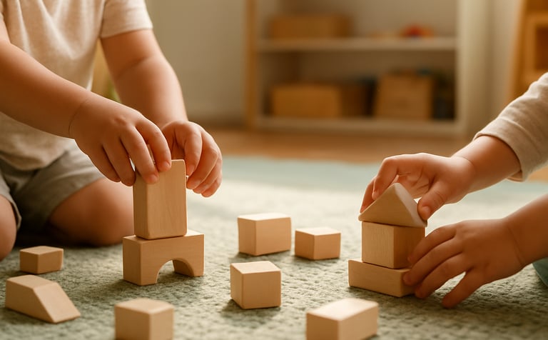 A bright, clean Australian home-based daycare setting. Close-up shot focusing on the hands of pre-school age children playing with natural wooden building blocks on a soft light sage green rug. The room is filled with warm, natural sunlight, projecting a professional and nurturing environment. No faces or adults are visible.