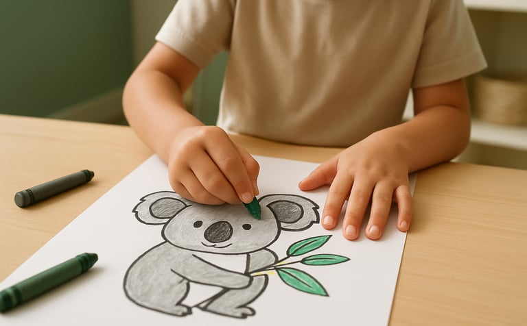 An indoor activity table in a clean Australian home daycare. A close-up shot focuses on a child's hands carefully coloring a drawing of a friendly koala with green and charcoal crayons. The lighting is bright and cheerful, with muted green and creamy beige room accents. No faces or adults.