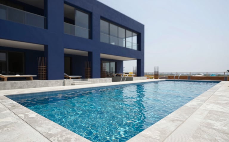 A professional wide shot of a luxury infinity pool construction site, showcasing high-quality concrete work and steel reinforcements. The scene is bright and modern, featuring deep navy and slate blue accents (#1B263B, #415A77) in the architectural design.