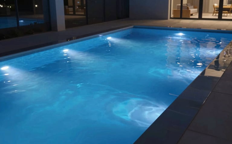 An innovative pool at night, illuminated by vibrant blue LED underwater lights. The water is crystalline, and the surrounding deck is sleek and modern, reflecting the professional mood and #0D1B2A palette.