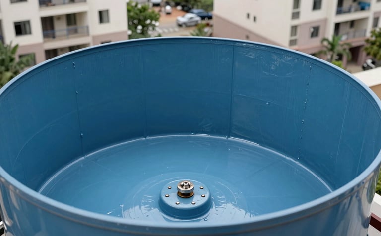 Close-up detail of a newly waterproofed water tank in a modern South Asian / Indian apartment complex. The inner surfaces show a clean, steel blue protective coating.