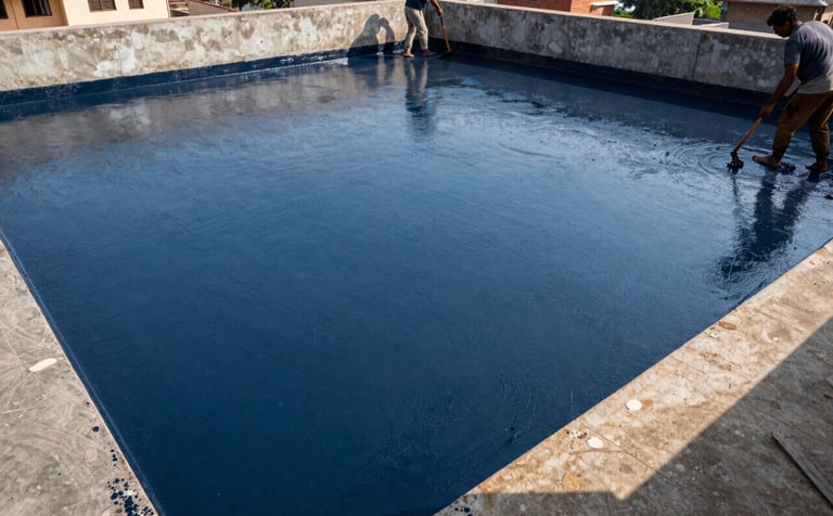 A wide angle shot of a South Asian / Indian building terrace during the day. Workers are applying a thick, protective layer of dark blue waterproofing material across the concrete floor to prevent leaks.
