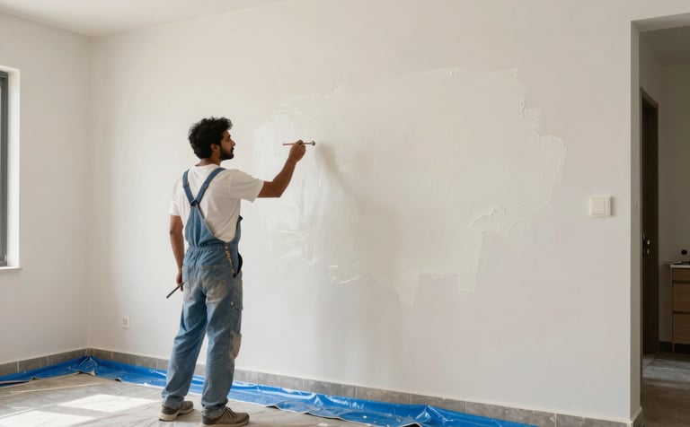 A professional painter in a modern South Asian / Indian home environment applying a smooth coat of soft off-white paint to a large interior wall. The setting is bright and clean, with steel blue drop cloths protecting the floor.
