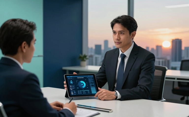A professional in formal attire presenting a digital dashboard on a tablet to a client in a high-end Southeast Asian / Indonesian boardroom. The background shows a city skyline at sunset. Interior has deep charcoal blue and pale aquamarine accents.