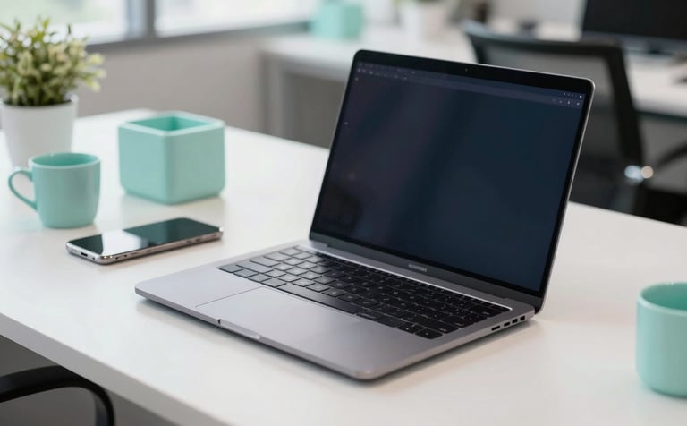A close-up photograph of a sleek, modern laptop on a white desk in a bright Southeast Asian / Indonesian startup office. The scene features soft pale aquamarine office accessories and a professional atmosphere with steel blue accents. High-quality, clean composition.