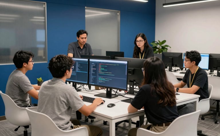 A group of professional creatives collaborating in a modern Southeast Asian / Indonesian digital agency studio. They are gathered around a large monitor showing code and design. The studio is styled with steel blue walls and ghost white furniture. Professional lighting.