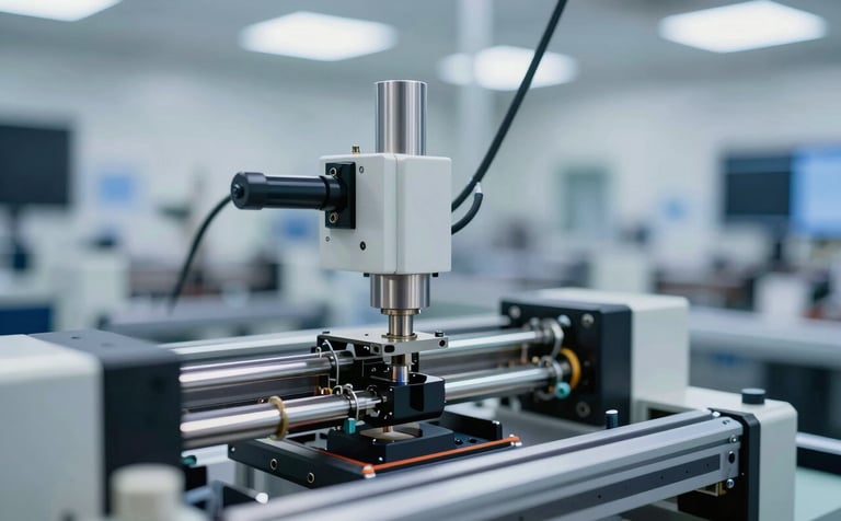 A close-up of a high-precision automated SMT assembly line in a clean, modern electronics manufacturing facility with sophisticated #0F2C4E and white lighting.