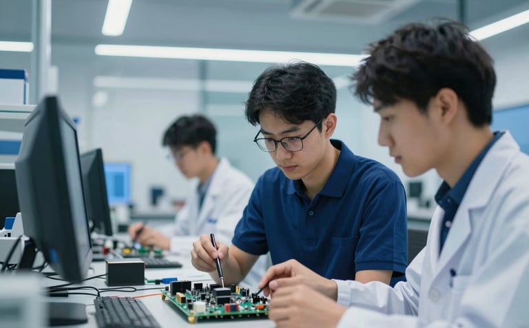 Collaborative scene of high-tech engineers in a modern R&D lab examining an AI-integrated circuit board, professional lighting, with a color palette including #0F2C4E and #8DCBEF.