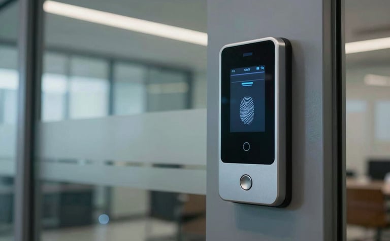 A professional South Asian office lobby featuring a sleek biometric access control panel near a glass door. The lighting is modern and cool, highlighting the sophisticated fingerprint and facial recognition technology used for secure corporate entry.