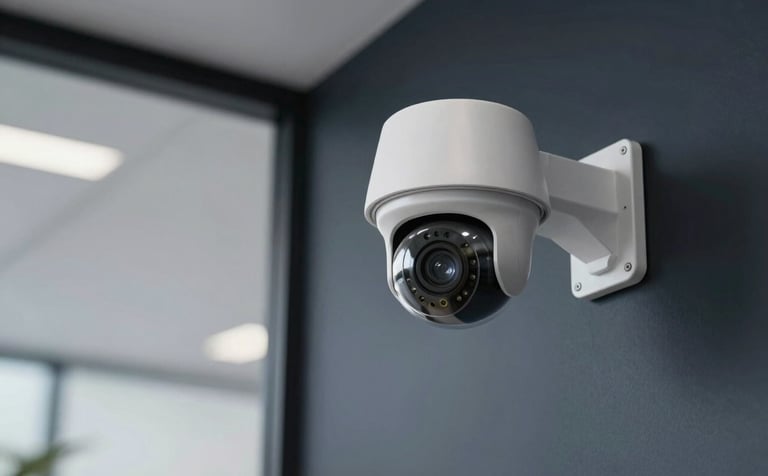 A high-end surveillance setup in a modern Bengaluru office. A high-definition dome CCTV camera is mounted on a sleek dark navy wall, capturing professional security operations with sharp focus and clean lines. The atmosphere is sophisticated and reliable, reflecting cutting-edge technology.