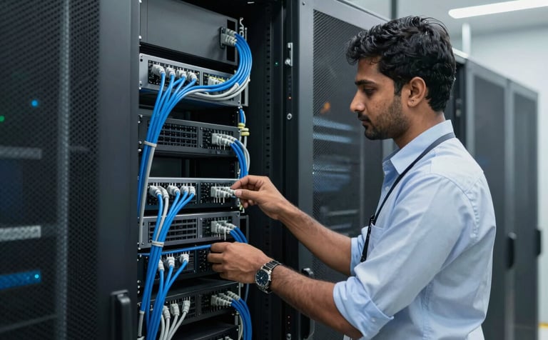 A clean, modern server room in a South Asian tech park. A professional technician in formal attire is inspecting organized blue and slate grey data cables. The lighting is efficient and crisp, emphasizing a reliable IT infrastructure and secure digital environment.