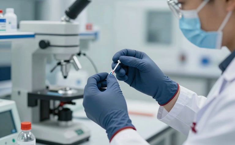 A high-precision laboratory setting showing professional testing of electrical insulating gloves. The lighting is clean and bright, reflecting a technologically advanced environment. Touches of #0D2B44 and #A33F39 are visible in the laboratory equipment and technical staff uniforms.