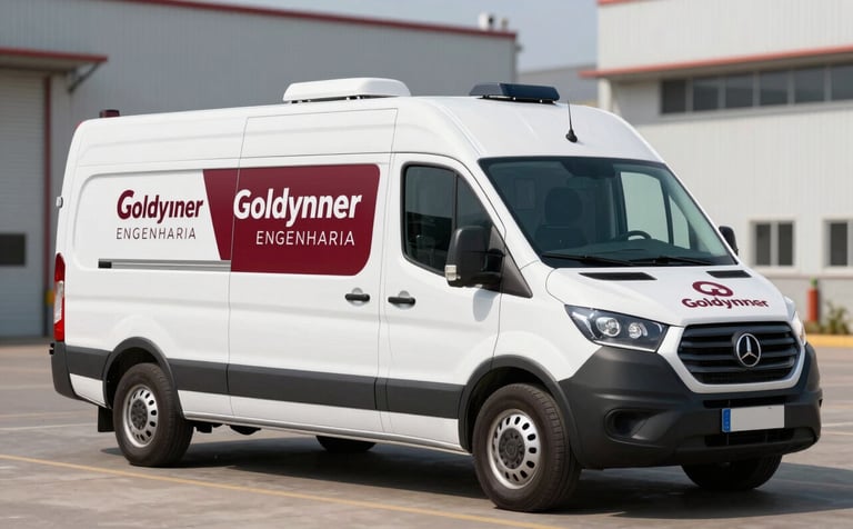 A professional mobile laboratory unit (modern van) with Goldynner Engenharia branding, parked at an industrial site. The lighting is natural daylight, showing a clean and authoritative presence. Color accents of #A33F39 and #0D2B44 on the vehicle.