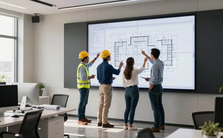 A group of professional civil engineers, men and women, in a modern Latin American office reviewing blueprints on a large digital screen. The office features minimalist furniture in off-white and dark navy accents, with soft natural light coming through large windows.