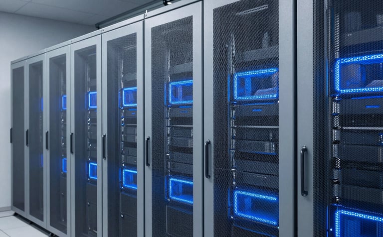 A minimalist, high-tech server room with clean lines and glowing panels in soft mist grey and midnight blue, symbolizing secure blockchain infrastructure.