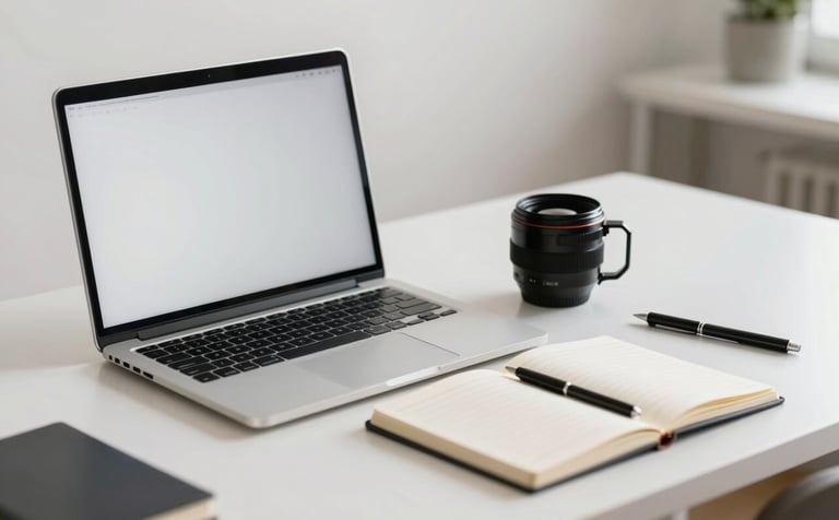 A clean, bright professional workspace with a single laptop and a notebook on a white desk, emphasizing a fast and uncomplicated setup in soft light.