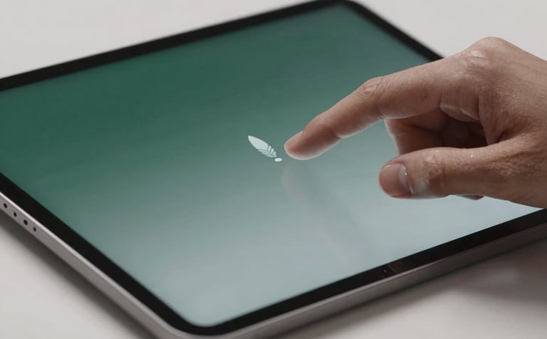 Close-up of a professional hand interacting with a sleek, minimalist AI interface on a high-end tablet, with accents of deep forest green and soft mist grey.