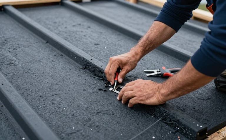 Close-up of a roofer's hands installing insulation material under a modern roof structure. Professional tools visible, dark blue and dark grey color palette, emphasizing precision and security. Western European construction site.