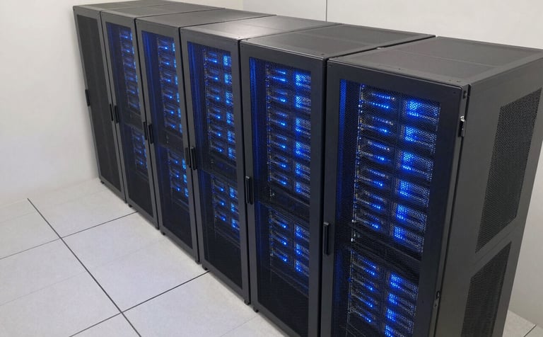 A high-angle professional photograph of a modern server room in a East Asian / Hong Kong data center. The lighting is dominated by soft off-white and deep slate blue tones, highlighting the precision-aligned server racks and glowing blue LEDs.