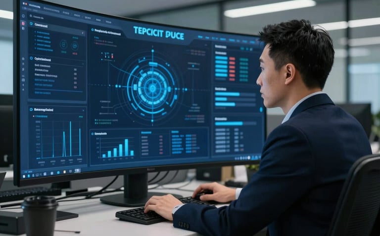 A professional in a modern East Asian / Hong Kong office observing a sophisticated cybersecurity dashboard. The scene is lit with deep slate blue and dark navy blue tones, emphasizing a high-authority technical environment.